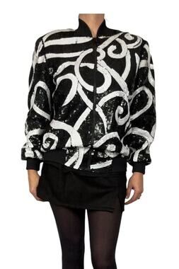 1980s Laurence Kazar Black & White Silk Sequin Bomber Jacket – S/M